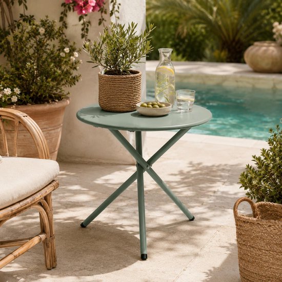 Ambiance Tuin bijzettafeltje - zwart - metaal - Dia 48 cm - Hoogte 48 cm - rond - koffietafel