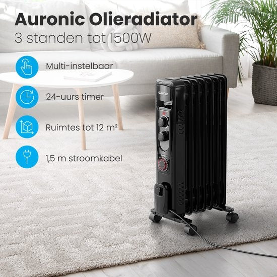 Auronic Olieradiator - Elektrische kachel - Thermostaat - Timer - 3 Standen - tot 1500W Heater - Zwart