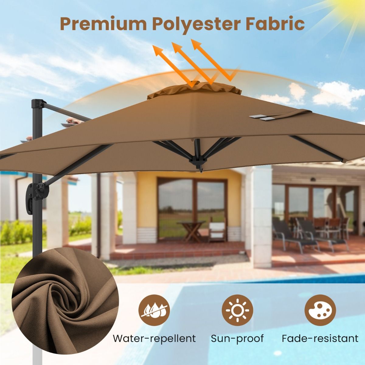 Coast Ronde Zweefparasol - 5-voudig verstelbaar - 360° draaibaar - aluminium paal - 308 x 248 cm - bruin