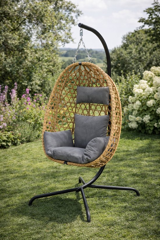 Hangstoel met Standaard en Kussens – Luxe Tuin Hangstoel voor Buiten – 150 kg Draagkracht – 103x105x195 cm