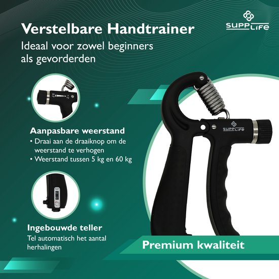 Supplife Handtrainer Set 5-delig – Verstelbare Handknijper met Teller – Grip Trainer & Gripbal - Vingertrainer – Anti RSI