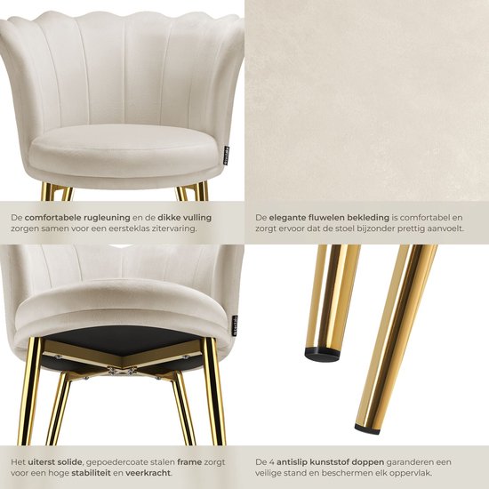 tectake® Fauteuil Stella - Kuipstoel met armleuning – Comfortabele Eetkamerstoel – Keukenstoel – Dikke vulling – Voor woonkamer en eetkamer – Met fluwelen bekleding - crème/goud