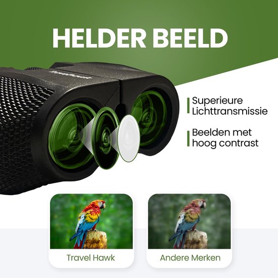 TravelHawk Verrekijker - 10x25 - BAK4 - Full Multi-Coated (FMC) - Compacte verrekijker - Waterdicht - Met nekkoord, draagtas - voor vogels kijken, jagen, theater - Zwart