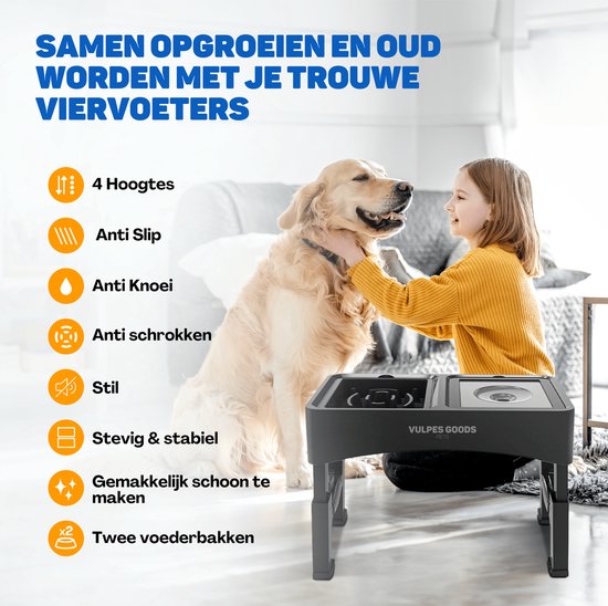 Vulpes Goods® Pets - Voerbak Hond met Standaard - Drinkbak Hond Anti Knoei - Anti Schrokbak Hond - Verhoogde Voerbak - 4 Hoogtes - Slow Feeder - Dubbel - Zwart
