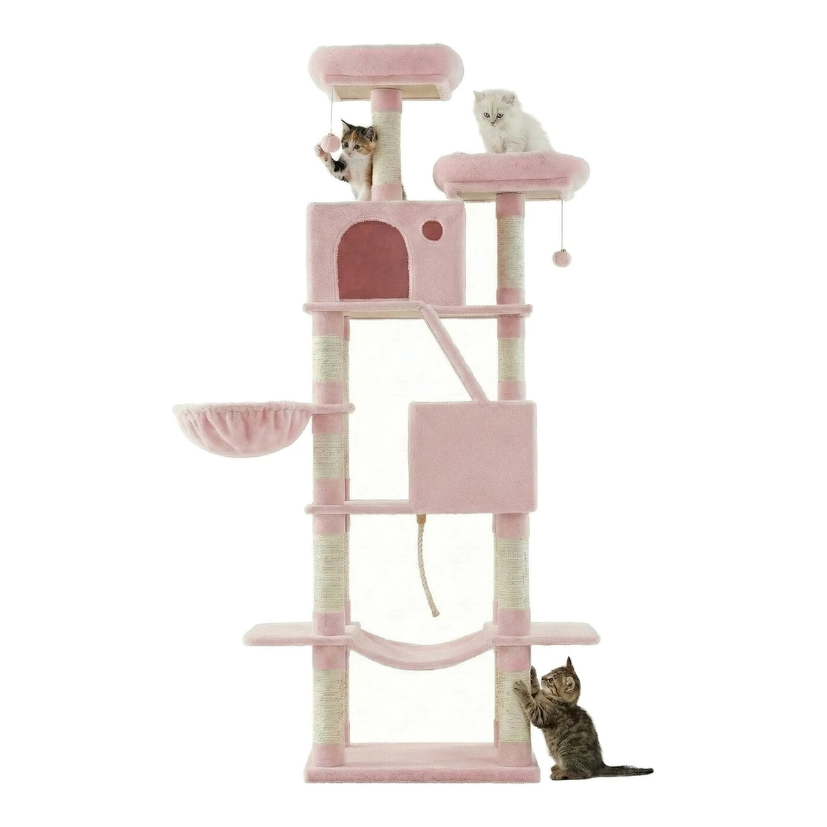 Joyfurnos Krabpaal 206 cm - XXL Kattentoren met 13 Krabstammen, 2 Kattenhuisjes & Hangmat - Roze