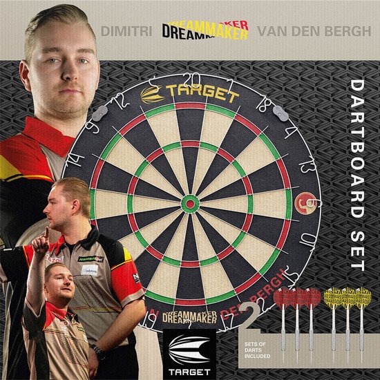 Target Darts Dartbord Set - Competitie Standaard Dartbord met 6 Messing Dartpijlen 17g - Afrikaans Sisal - Ultradun Draadsysteem - Werplijn en Muurbevestiging Inclusief