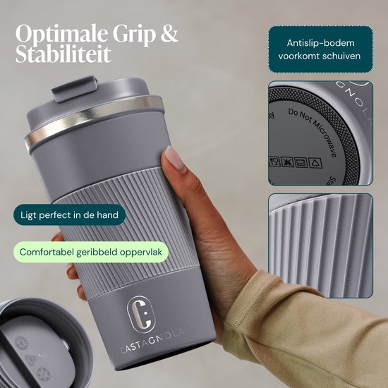 Castagnola Thermosbeker - Koffiebeker To Go - Travel Mug voor Koffie en Thee - Theebeker - 510 ML - RVS - Grijs