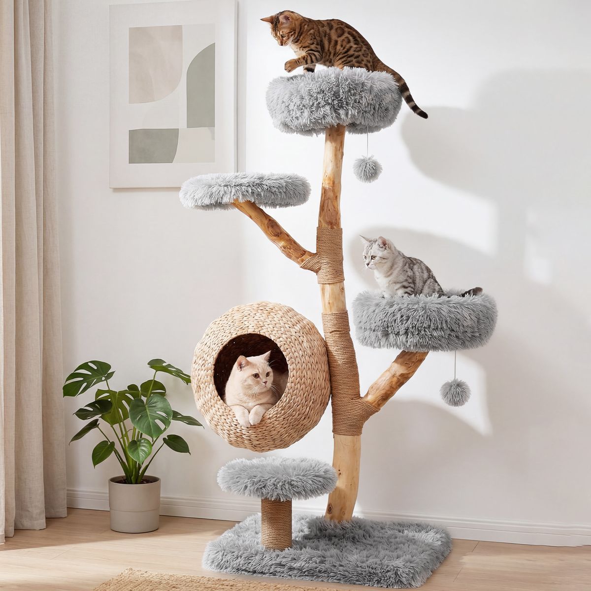Coast Kattenboom met vijf verdiepingen - handgevlochten kattenhol - krabpalen van jute - grijs