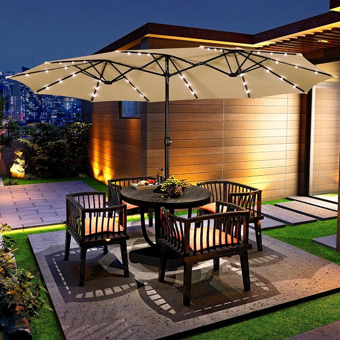 Yaheetech Dubbele Parasol 15FT met Solar LED Verlichting en Voet - Beige - Extra Grote Tuinparasol met Zandzakken