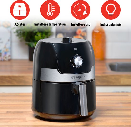 alpina Airfryer 3.5L - Heteluchtfriteuse 2 tot 3 Personen - Air Fryer met Instelbare Temperatuur van 80 tot 200°C - Hetelucht oven Airfryer Timer tot 60 Minuten - 1400W - Zwart