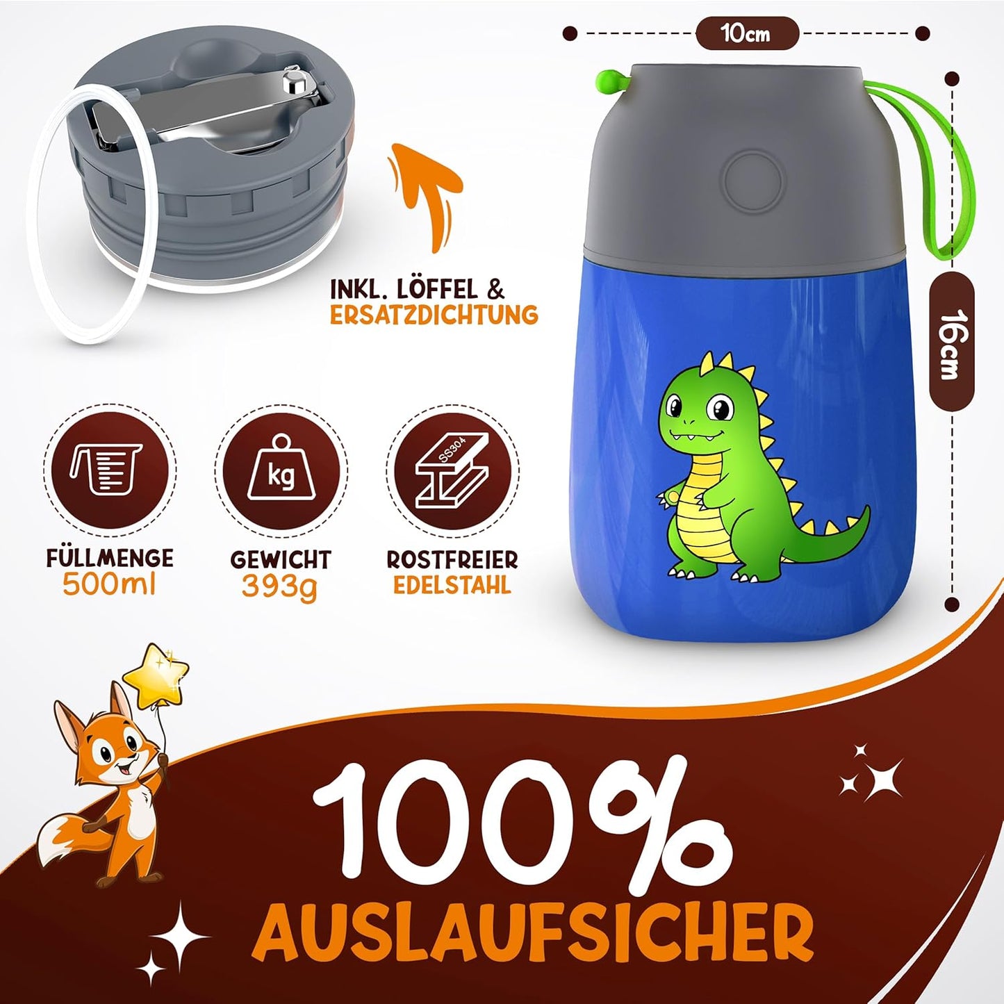 Funkelfuchs Thermobeker voor kinderen RVS - 100% Lekvrij - 500ml - Blauw