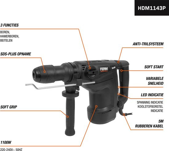 FERM Industrial – HDM1043P - Boorhamer – 1100W - Slagkracht 1-7 Joule - 6kg - Multi speed – Hamerboren - Beitelen - Roterend beitelen - SDS-max boorkop - Soft start - Variabele snelheid - Opbergkoffer -