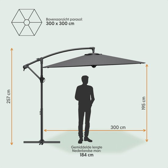LifeGoods Zweefparasol - Rond Ø300 cm - UPF 50+ en Waterdicht - Donkergrijs