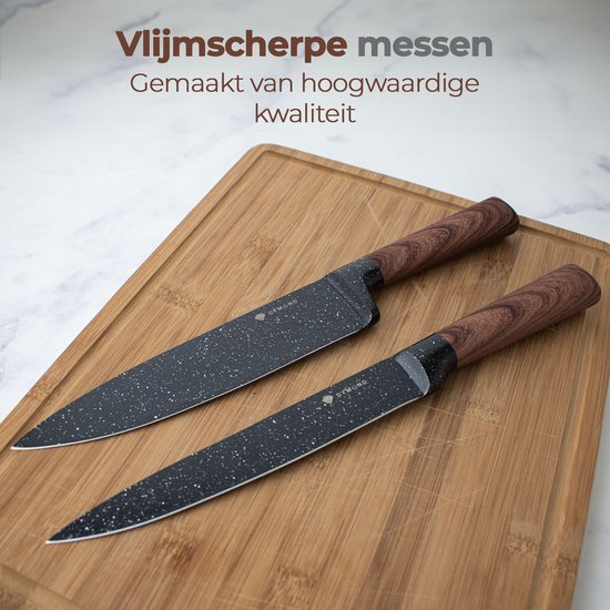 Messenset - 12-delige set - Messenset met Blok - RVS - Ergonomisch - Messenset Japans - Messenblok - Keukengerei - Zwart en Bruin - van Dymund