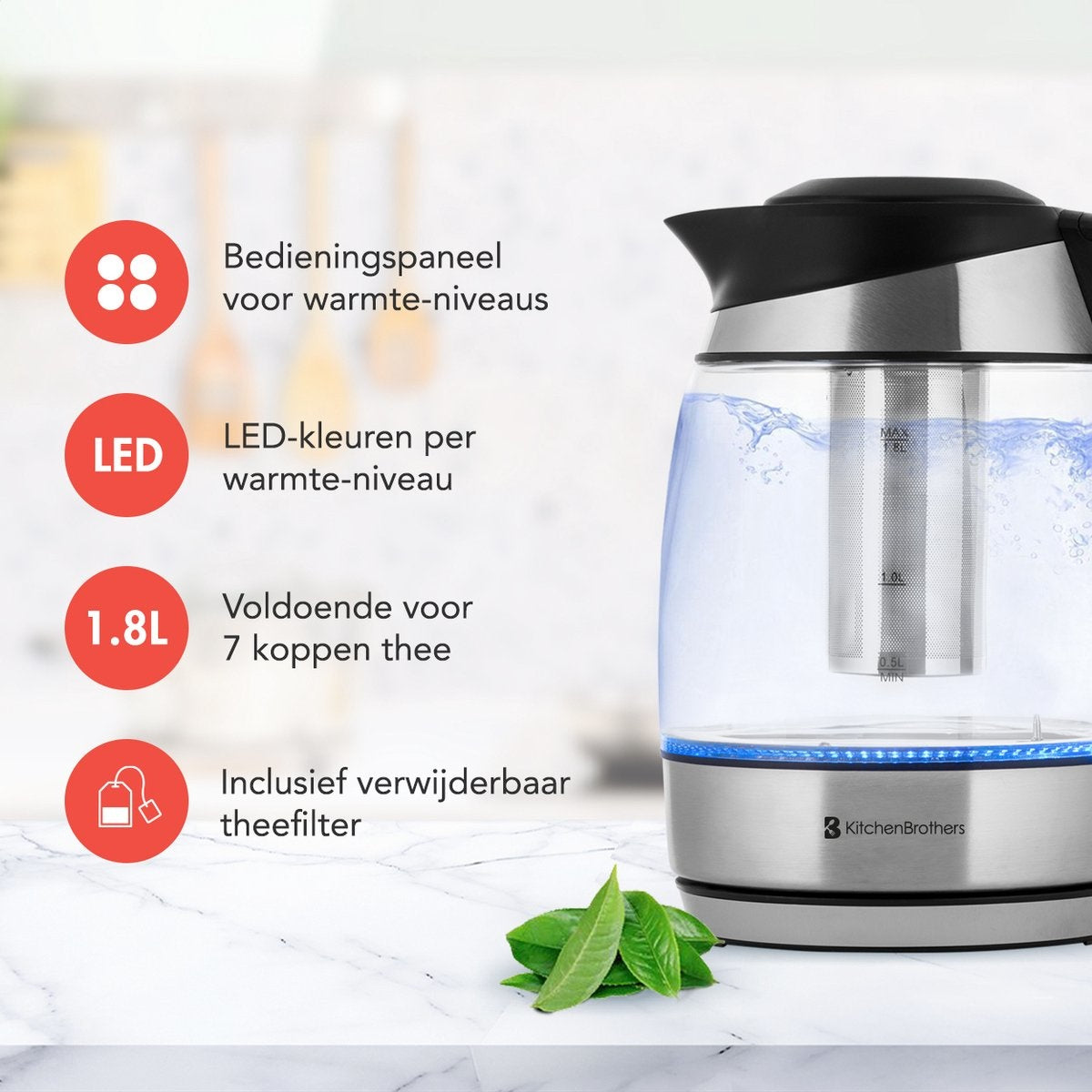 KitchenBrothers Waterkoker - 1.8L - Glas - BPA vrij - 2200W - 22.09x16x24.41 - Glas|Met temperatuurregeling