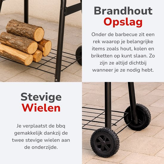 alpina Houtskool BBQ - Kogelbarbecue Ø43 cm - Barbecue met Deksel en Wielen - Geïntegreerd Ventilatiesysteem - Verwijderbare Asopvangbak - Zwart