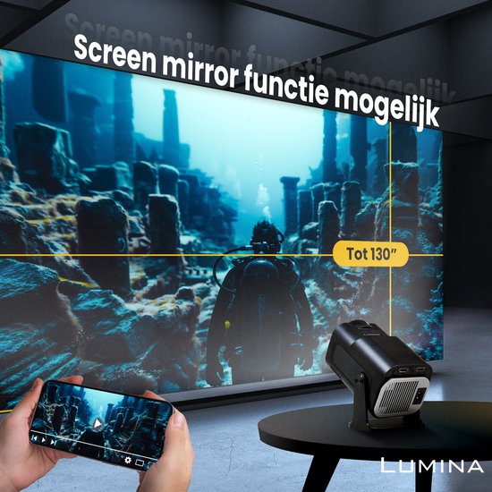 Lumina® Pro Mini Beamer 2025 – 4K Draagbare Smart Projector met WiFi 6 & Bluetooth 5.2 – Compatibel met iOS & Android – Ideaal voor Thuisbioscoop – Zwart