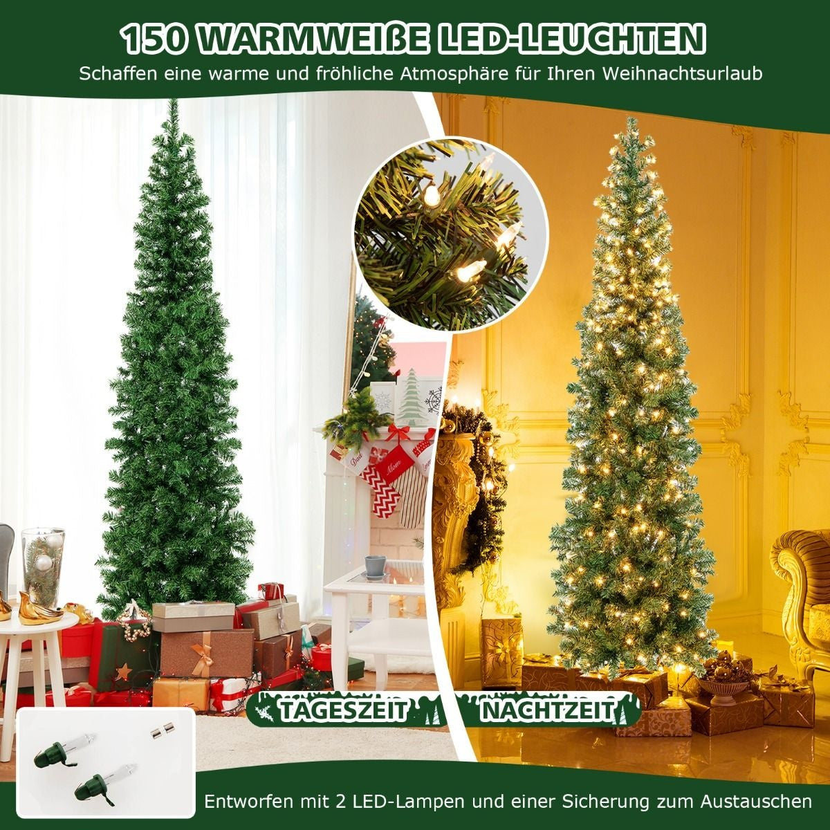 Coast Halve Kunstkerstboom met LED Groen – 60 x 210 cm – 450 Takpunten en 150 Warmwitte Lampjes