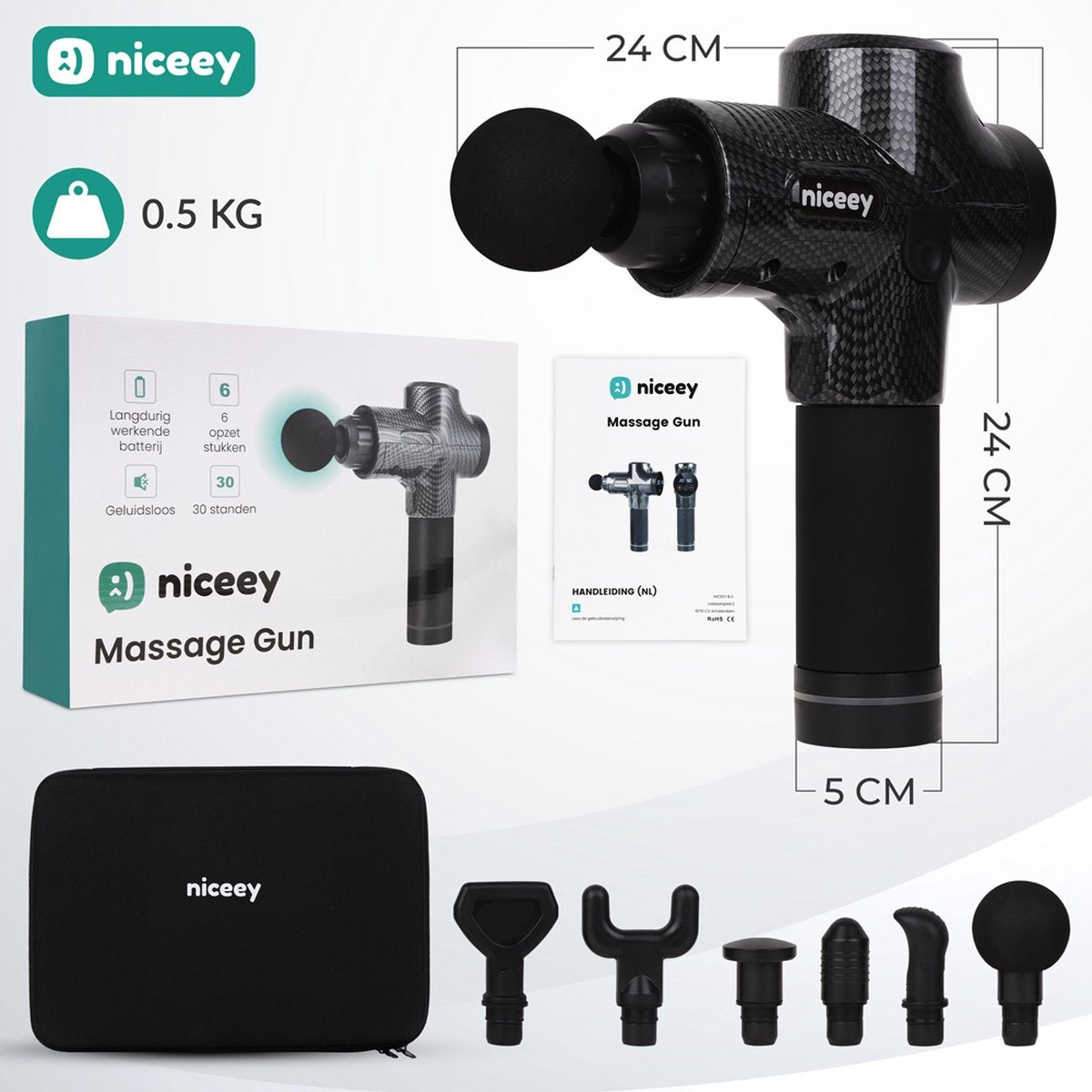 Niceey Massage Gun Pro - 30 Standen Draadloos - 6 Opzetstukken - Massage Apparaat Professioneel - Sport En Relax Massageapparaat - Fitness Spier Massage - Met Koffer - Zwart