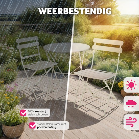 tectake® - Inklapbare bistroset voor 2 personen met stalen frame, tafel en tuinstoelen - Voor balkon en terras - Buitenset - Tuinset - Klaptafel en klapstoelen - elegant design - creme
