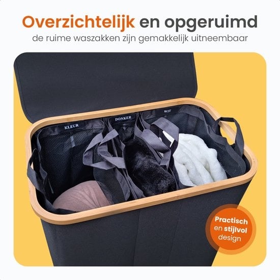 Goliving Wassorteerder 3 Vakken - 150L - Opvouwbare Wasmand Met Deksel - 3 Uitneembare Zakken Met Kleurlabels - 57 x 37 x 66 cm - Zwart