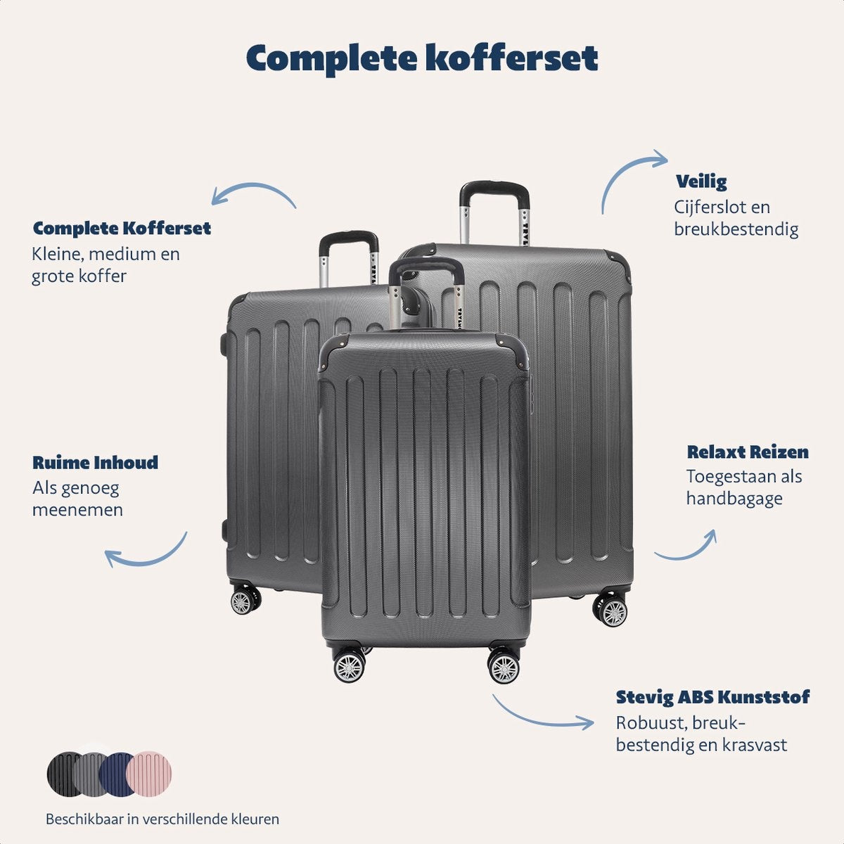 TRVLMORE Kofferset - 3 Delig - Complete Set - 38L Handbagage + 70L en 110L Ruimbagage - Donkergrijs