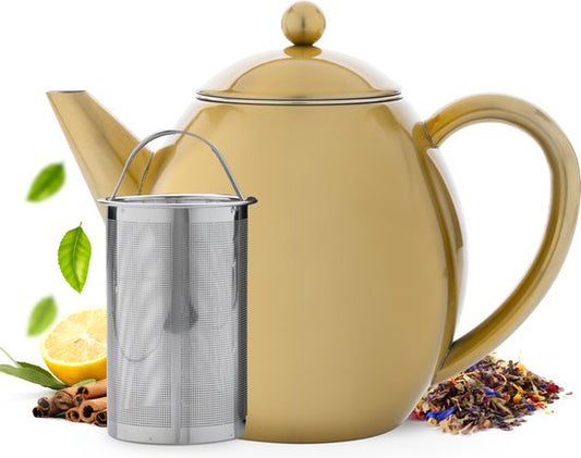 Vaja® Theepot Valerie Goud - Dubbelwandig - 1.2 Liter - RVS Theekan met Filter & Warmhouder