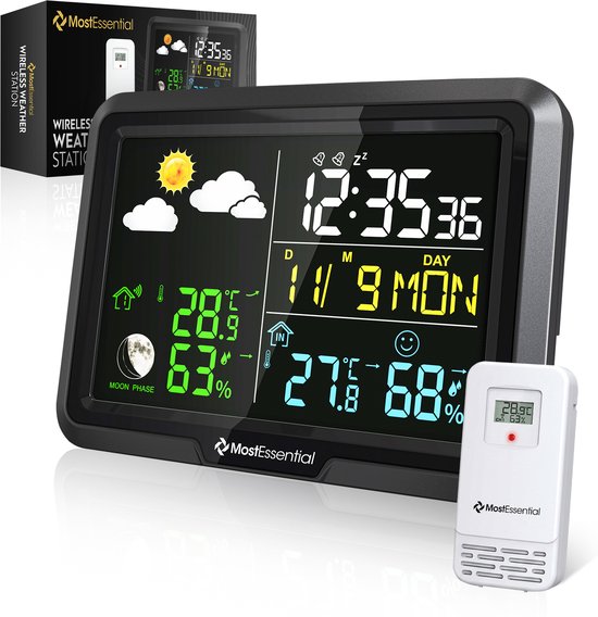 MostEssential Classic Edition Weerstation - Plug & Play Installatie - Draadloos - Weerstation met Buitensensor - Hygrometer - Binnen en Buiten - 100 Meter Bereik - 1 sensor