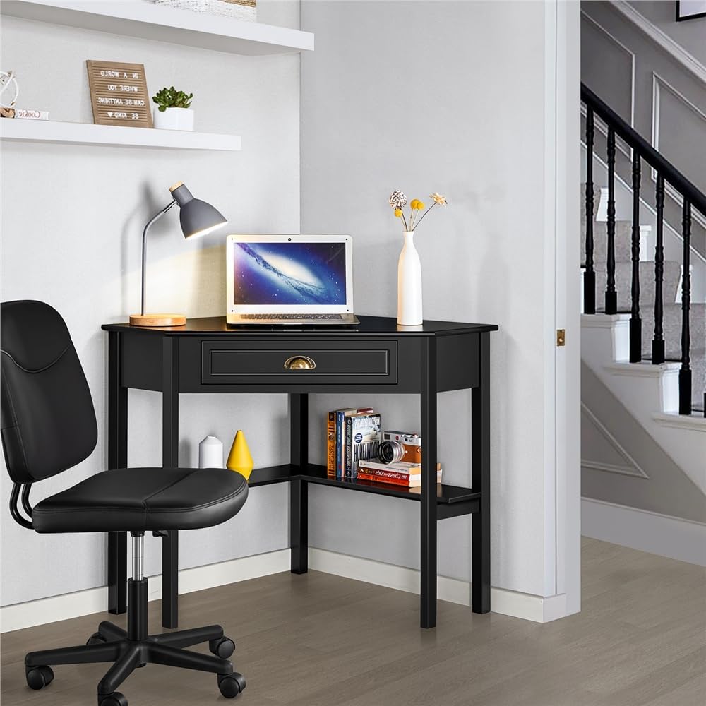 Yaheetech Hoekbureau 106 × 71,5 × 77 cm – met lade en legplanken, zwart