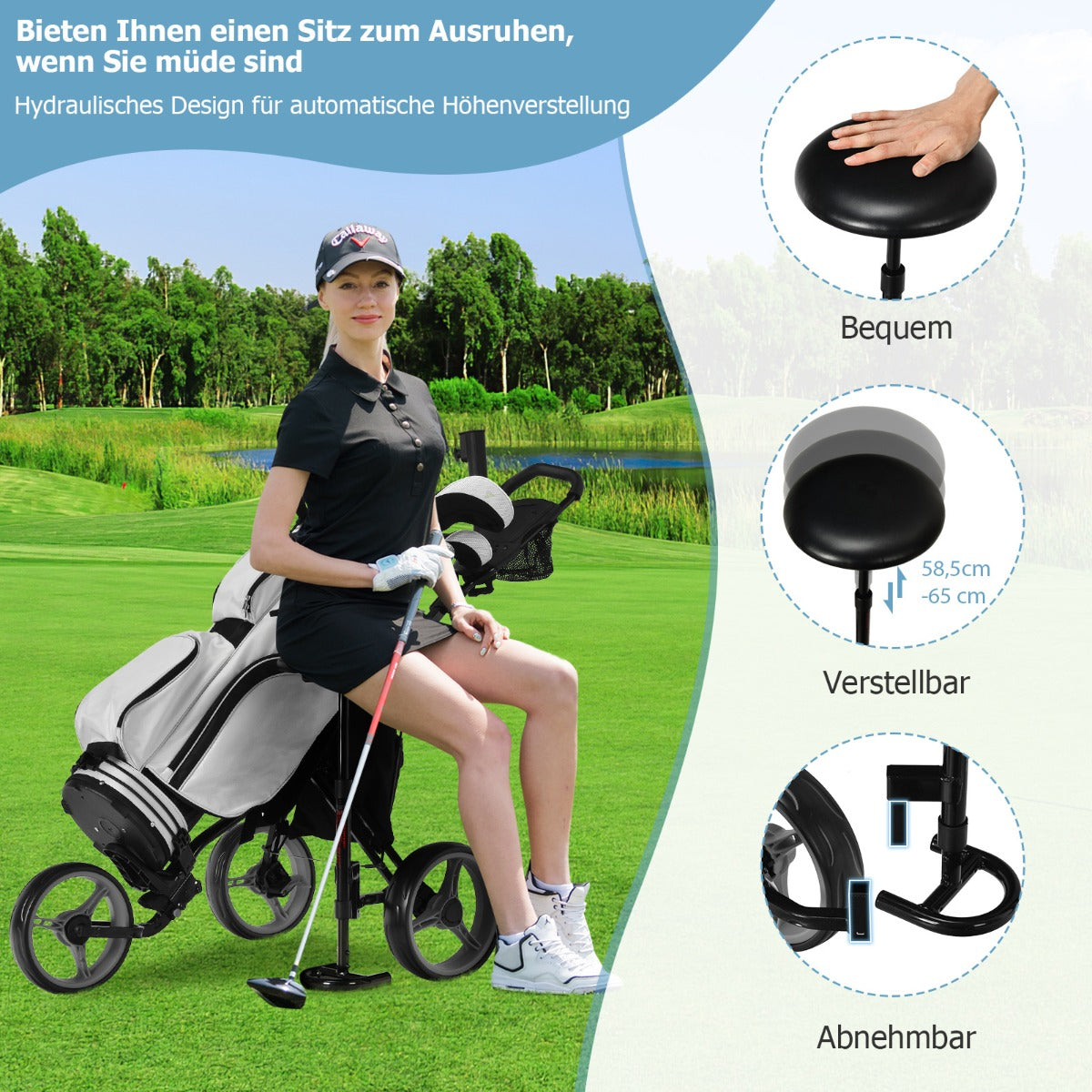 Coast Golftrolley met Parapluhouder en Stoel - 130 x 75 x 120 cm - Grijs / Zwart
