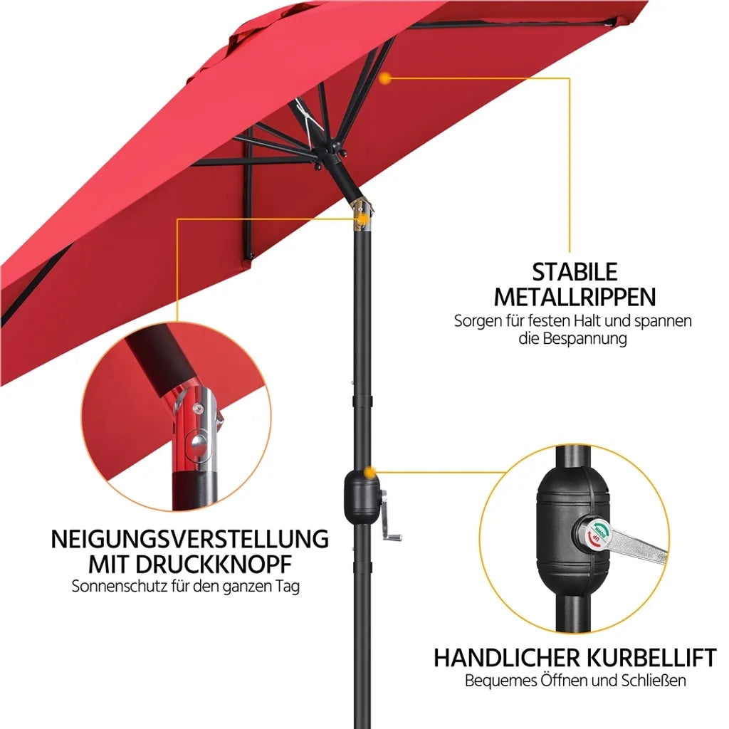 Yaheetech Tuinparasol Ø 269 cm - Rood - Kantelbare Parasol met Slinger en UPF 50+ UV-bescherming