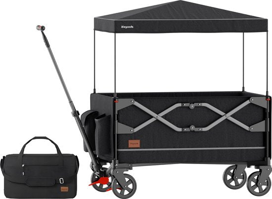 LifeGoods Bolderkar - Opvouwbaar - Kinderenvervoer - Met Dak - 80KG Draagkracht - Strandkar - Draaibare Wielen - Antraciet