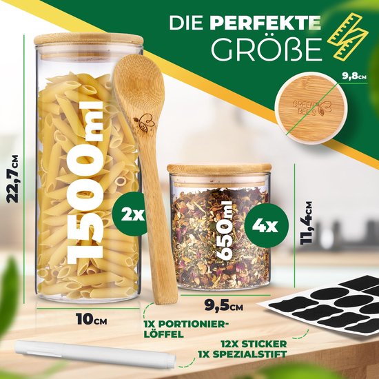 GREEN BEE'S set van 6 grote voorraadpotten - 2x1500ml & 4x650ml - Past perfect in lades en medicijnkastjes - Duurzame voorraadpotten met luchtdichte deksels - Voor bloem, rijst, pasta, muesli en bonen