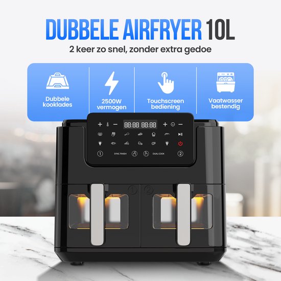 Strex Airfryer XXL - 10L - 2500W - Heteluchtfriteuse - Dubbele Airfryer - 50ºC tot 200ºC - 10 Kookprogramma's - Zwart