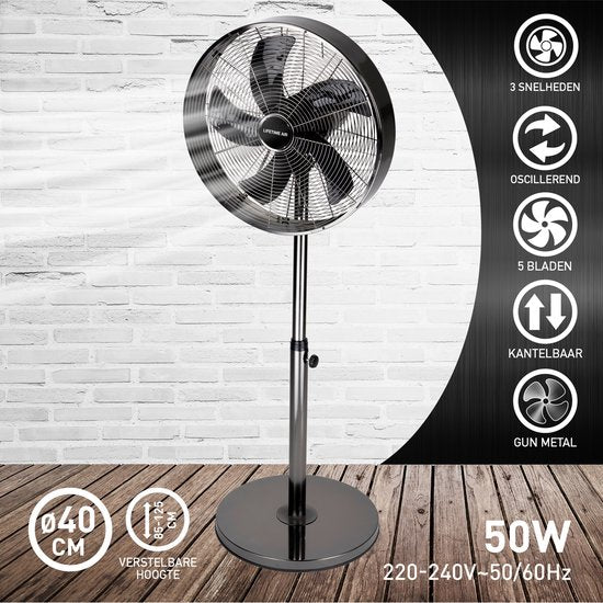 Lifetime Air Statiefventilator - 230V - Hoogte 85-125 CM - 3 Snelheden - Oscillerende Functie - Kantelbaar - Zilver