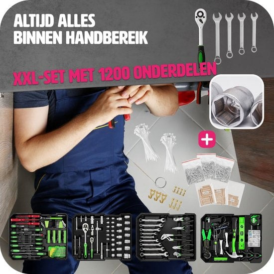 tectake® gereedschapskoffer, gereedschapsset, gereedschapskoffer gevuld 1200-delig, gereedschapstrolley, gereedschapskist met 4 niveaus, aluminium koffer met wielen en telescoophandgreep - zwart