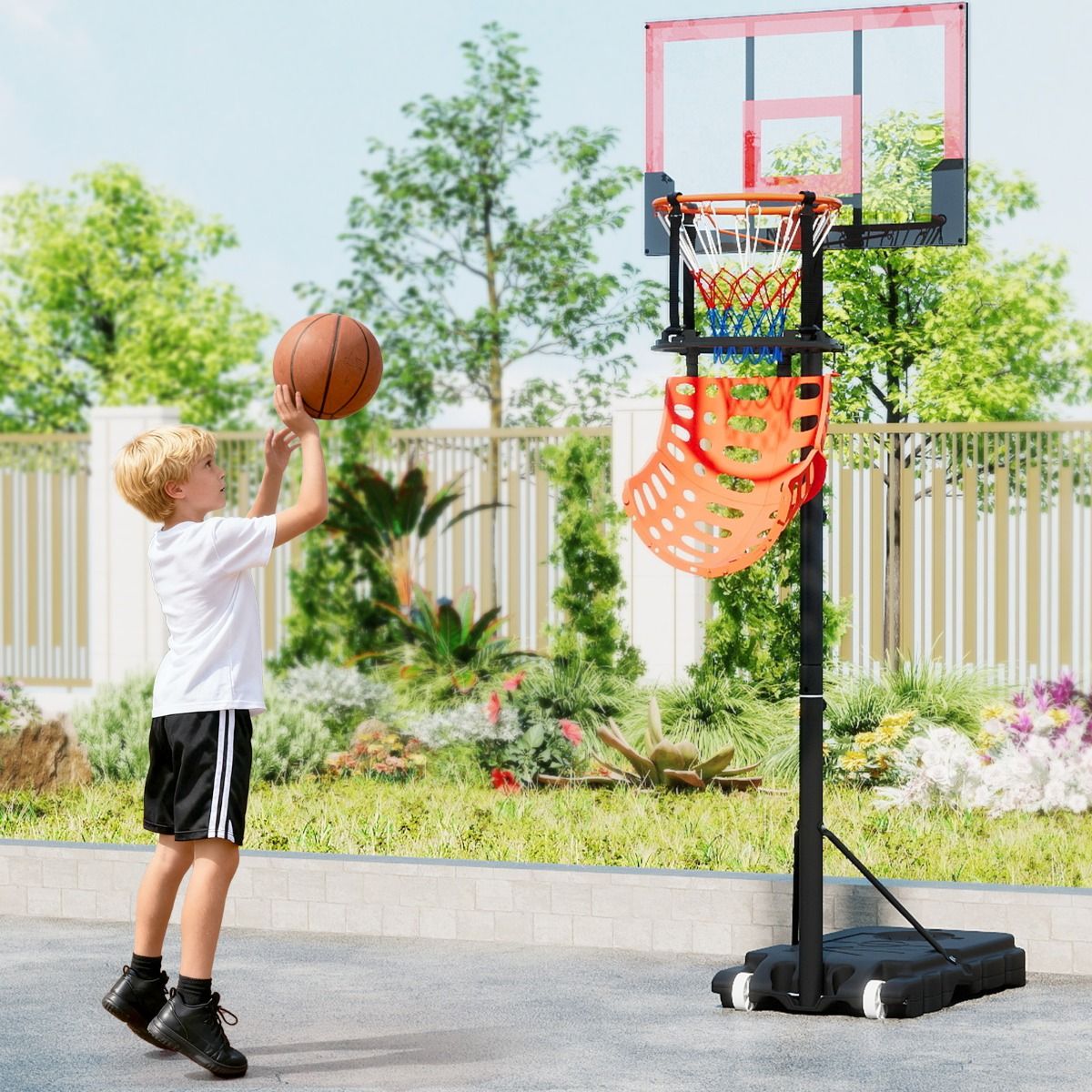 Coast Basketbalrebounder - 360 graden draaibaar - Verstelbare balterugslag - Zwart en oranje