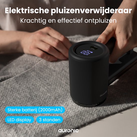 Auronic Elektrische Pluizenverwijderaar Pro - Pluizentondeuse - Oplaadbaar - LED display - 3 Standen - Ontpluizer - Zwart