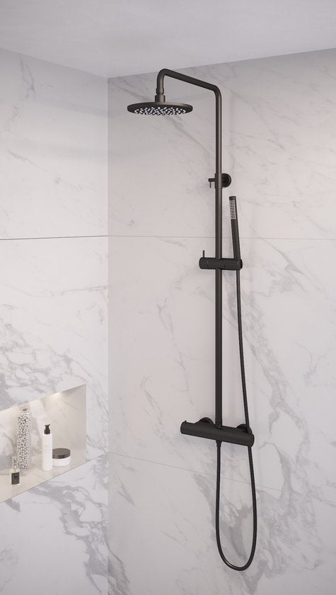Doucheset Brauer Opbouw Rond Zwart 20cm Thermostaatkraan Regendouche Staafhanddouche