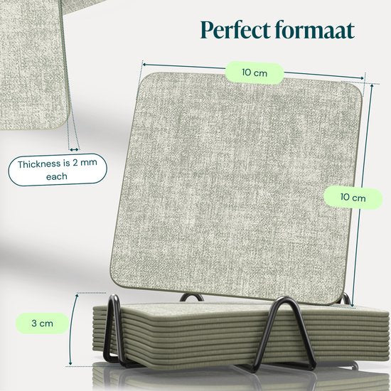 Castagnola Kunstlederen Onderzetters – Onderzetters voor Glazen – Design Onderzetters met Houder – Leren Onderzettersset met metalen houder – Leder – Set van 10 - Gemêleerd Groen - 10x10cm