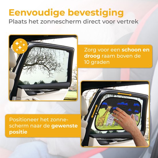 Nuvance Zonnescherm Auto - 2 Stuks - met UV Protectie voor Baby en Kind - Zonwering Zijruiten - Zelfklevend - One Size - Dieren