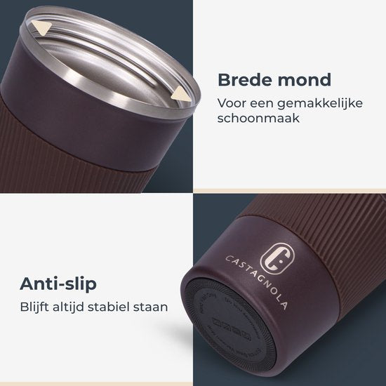 Castagnola Thermosbeker - Koffiebeker To Go - Travel Mug voor Koffie en Thee - Theebeker - 380 ML - RVS - Bruin