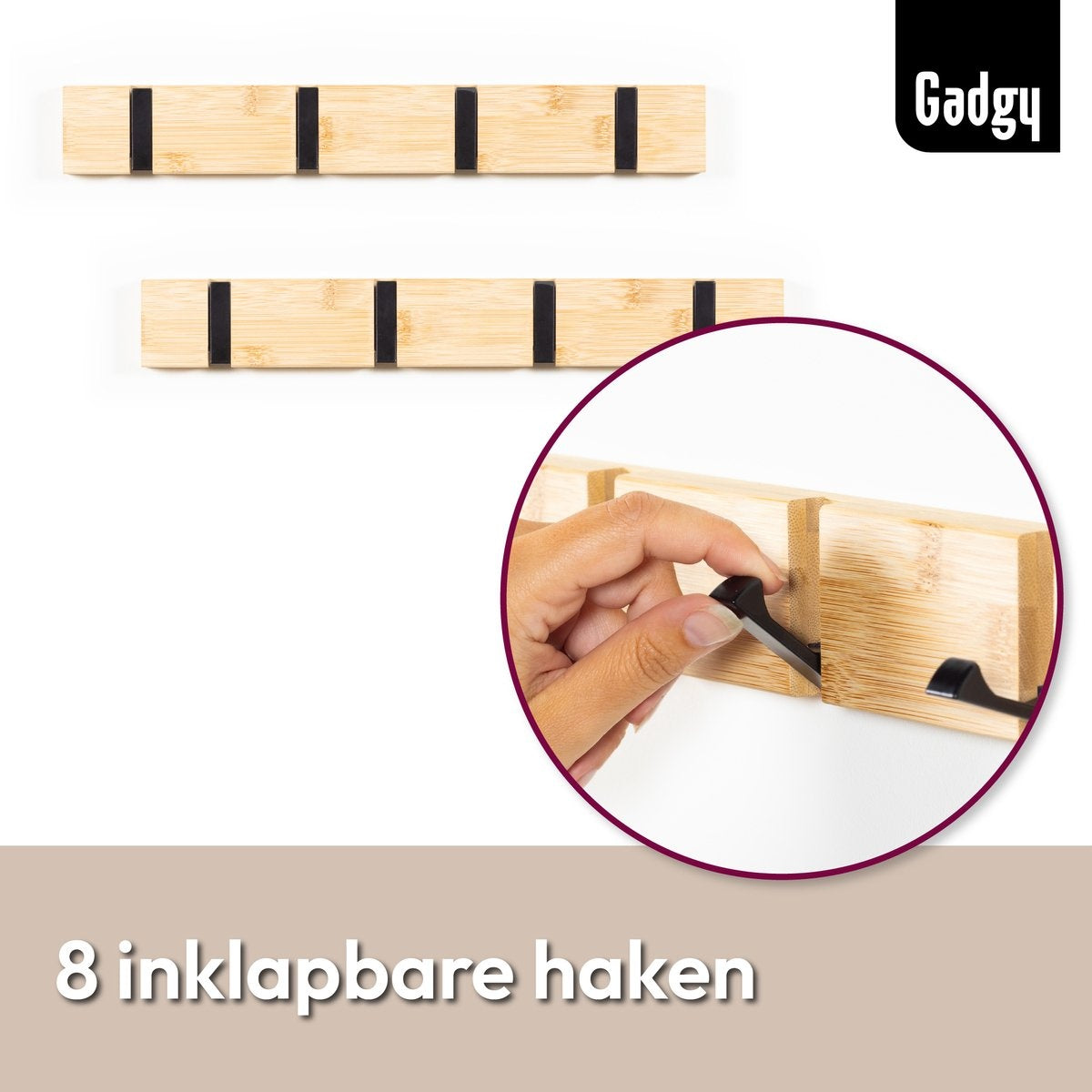 Gadgy Kapstok Hangend - Wandkapstok Hout Wand - Kinderkapstok met 8 Inklapbare Haken Zwart - Muur Kleerhanger Bamboe - Set van 2 - Max. 15kg draagkracht