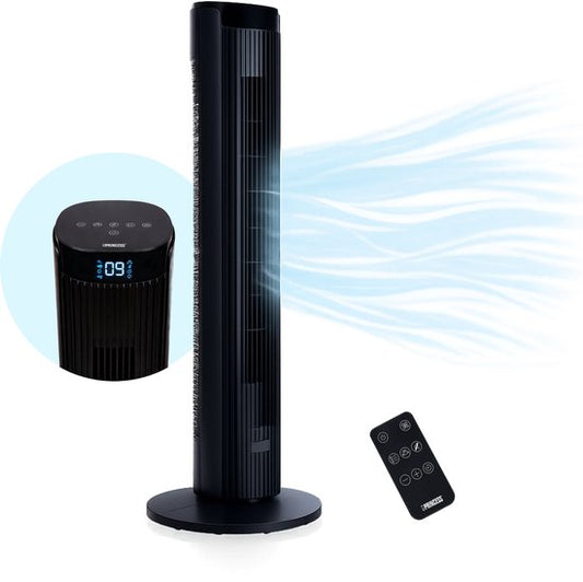 Princess DC Torenventilator 91cm– Extra Stil - 12 snelheden – 4 windmodi – 90° oscillatie – Timer 1-24uur – Met Afstandsbediening – Zwart - 352370