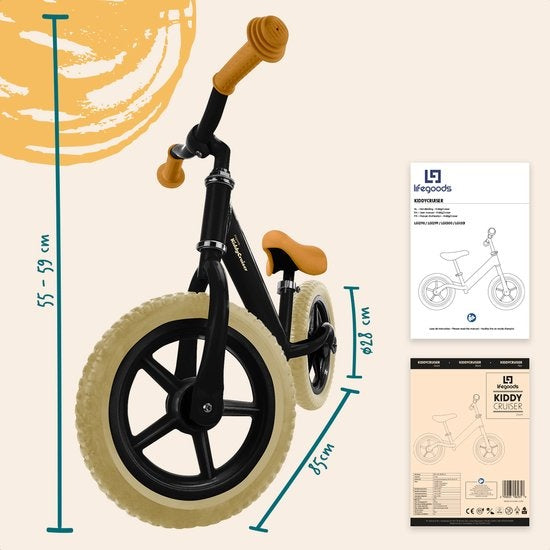 LifeGoods KiddyCruiser Loopfiets - 2 jaar - Jongens en Meisjes - Balance Bike - Zwart