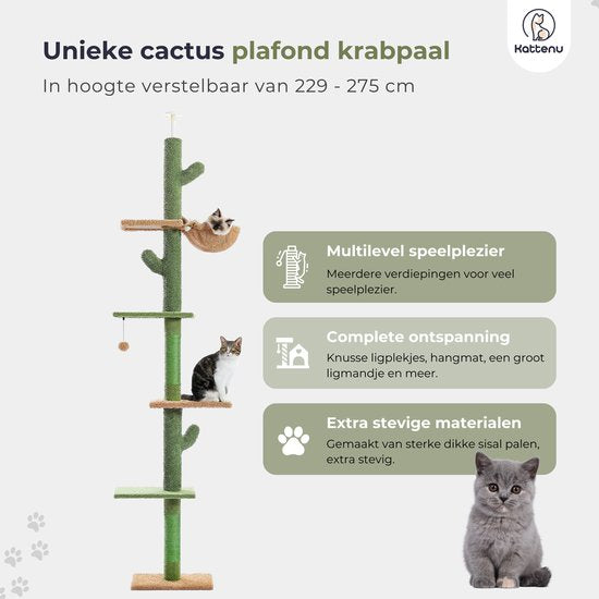 Kattenu CactusTower - Hoge Krabpaal plafond - Verstelbaar van 229 - 275 cm - Groen - Plafond krabpaal voor katten