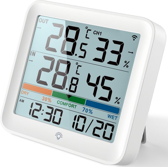 Iqonic Draadloos Weerstation - Voor Binnen en Buiten - Op Batterijen - Luchtvochtigheidsmeter - Met Buitensensor - Wit
