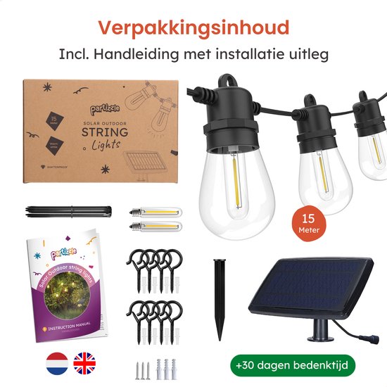 Partizzle 15m Waterdicht Lichtsnoer op Zonne Energie - Dimbaar - LED Solar Tuinverlichting - Camping Lampjes Slinger - Zonneenergie Lichtslinger voor Buiten - 2700K / Warm Wit