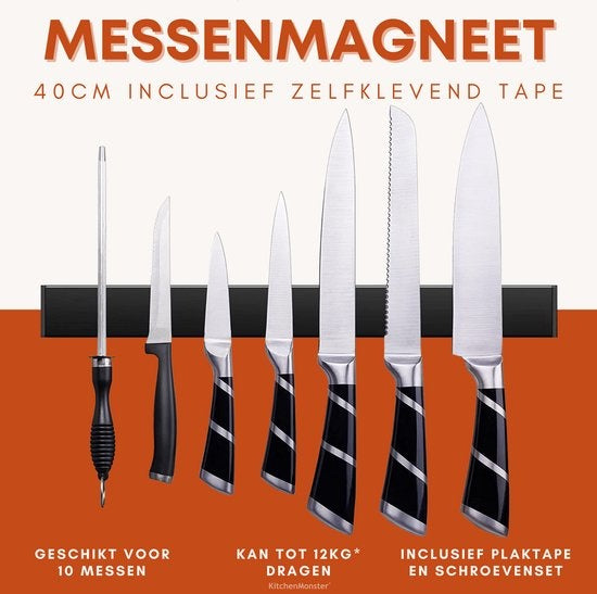 KitchenMonster® Messenmagneet Messenblok 40 cm - Magnetische Messenhouder Inclusief Zelfklevend Tape (3M) en Schroefbevestiging - Messenmagneetstrip RVS Zwart