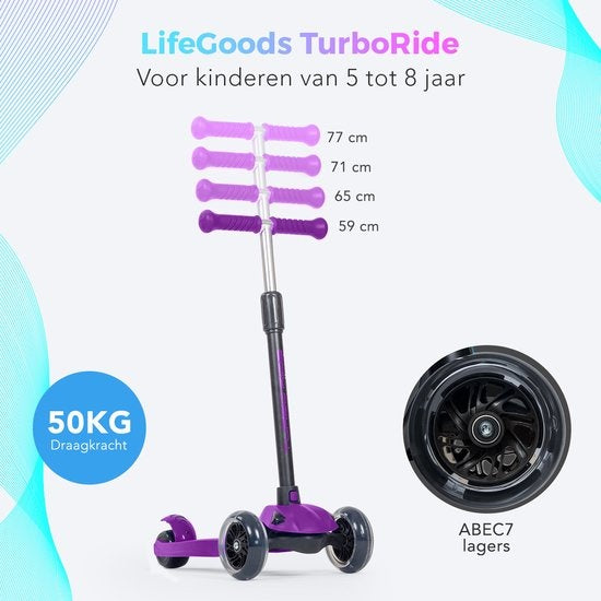 LifeGoods TurboRide Kinderstep - Step 5-8 Jaar - 3 Lichtgevende Wielen - Jongens/Meisjes - Paars